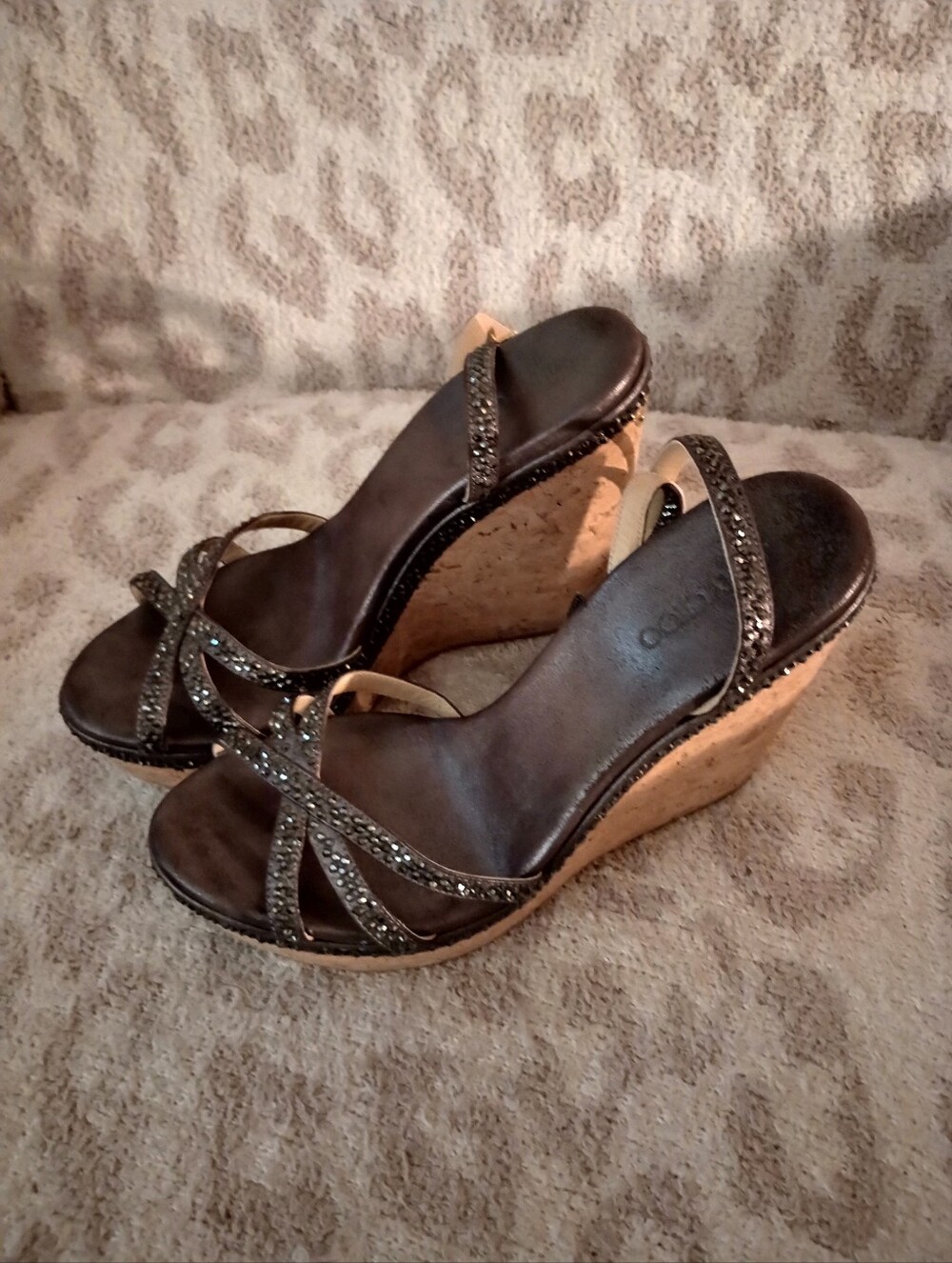 Jimmy Choo Bronze Metallic Crystal Strappy Wedge Sandals - Picture 2 of 9